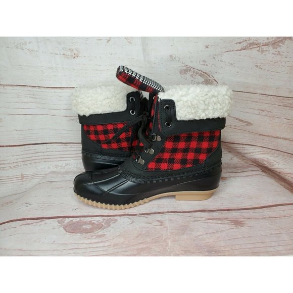 Nature Soft Comfortable Black Red Plaid Faux Fur Rain Snow Boots Cozy Size 8M - Picture 9 of 12